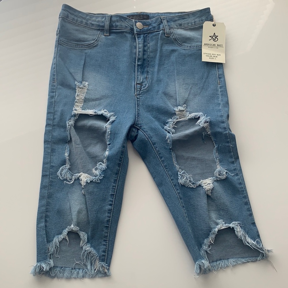 NWT American Bazi Distressed Denim Bermuda Shorts